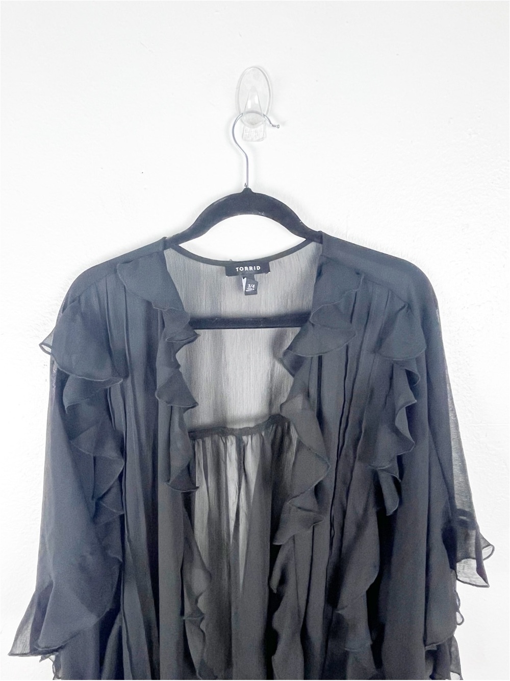 TORRID Black Sheer Ruffle Trim Sleeves Kimono Cardigan Size 3X/4X Boho - Picture 7 of 10